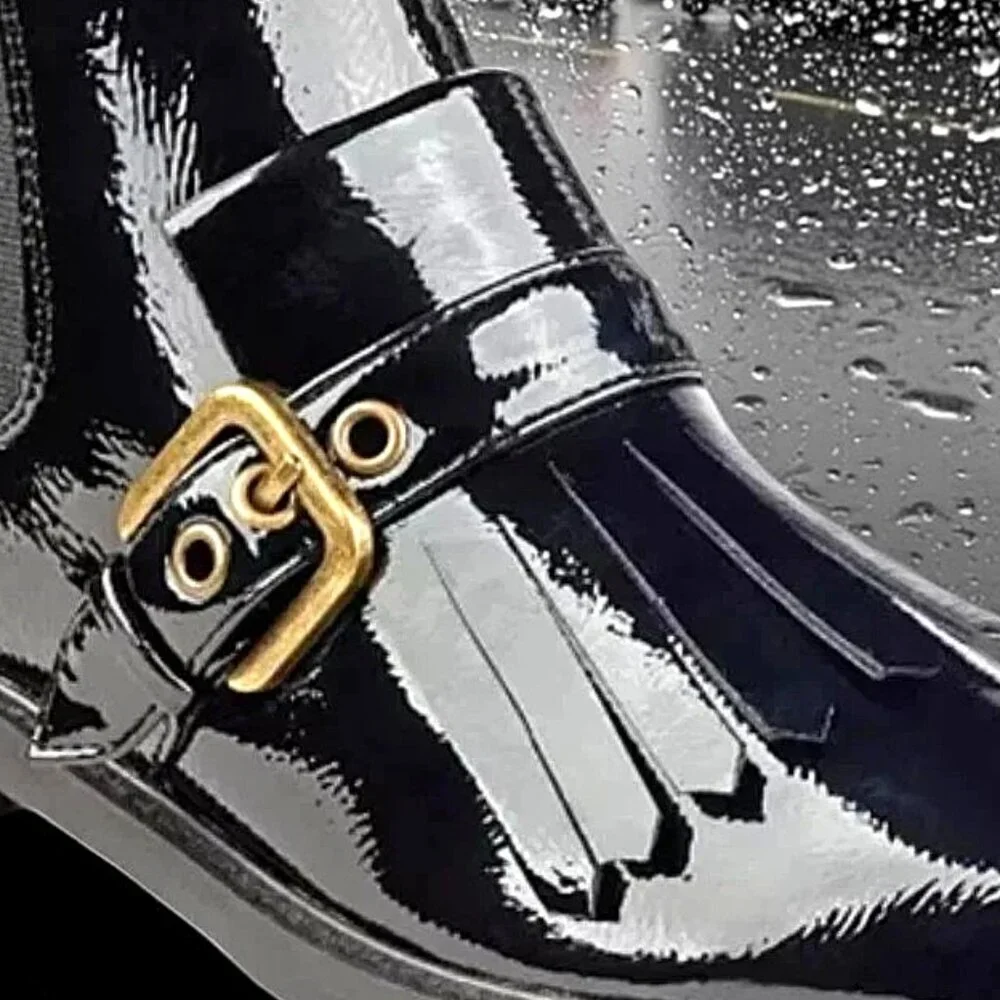 Marc Fisher Brigita Chelsea Kiltie Black Patent Buckle Pull On Boot, Size 7